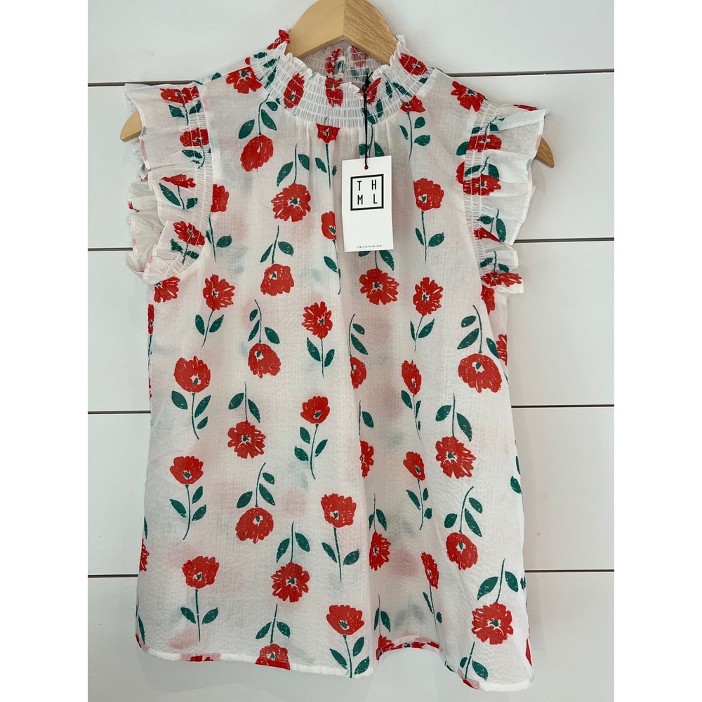 NWT THML Floral Smocked High Neck Ruffle Sleeve Top Red White Small Cottagecore - Picture 1 of 10